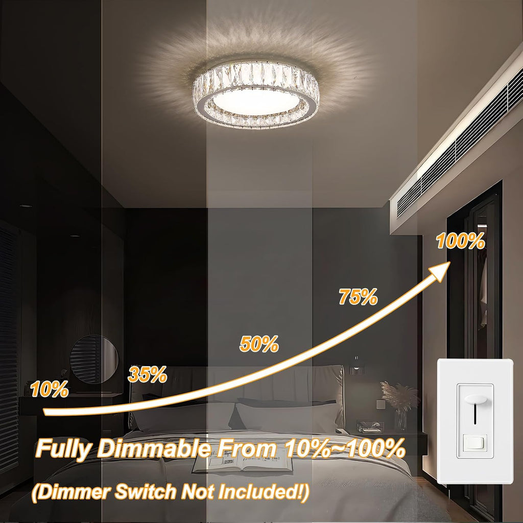 Modern K9 Crystal Dimmable LED Flush Mount Ceiling Light,15 Inch 36W/5CCT 3000K-6000K Luxury Chrome Round Close to Ceiling Lighting Fixtures for Living Room,Kitchen,Bedroom,Dining Room