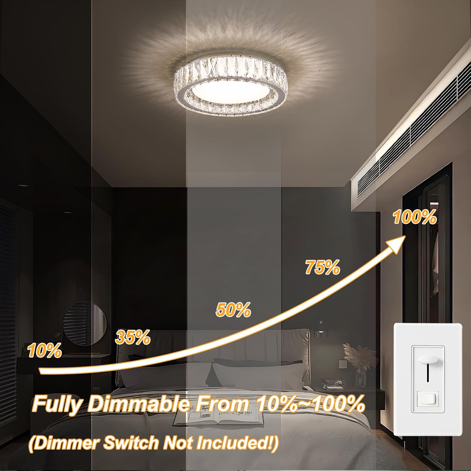 Modern K9 Crystal Dimmable LED Flush Mount Ceiling Light,15 Inch 36W/5CCT 3000K-6000K Luxury Chrome Round Close to Ceiling Lighting Fixtures for Living Room,Kitchen,Bedroom,Dining Room