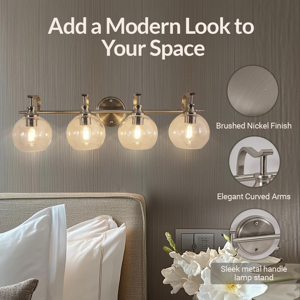 ANDY STAR Brushed Nickel Vanity Lights for Bathroom, 4 Light Vanity Light Brushed Nickel, Farmhouse Vanity Lighting Fixtures, 30.5 Inch Modern Silver Wall Sconce, E26 Base Bulbs Required, UL Certified