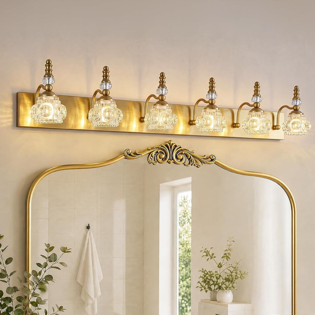 Modern Glass Crystal Vanity Light - Vintage Bathroom Lighting Fixtures Over Mirror 6 Light Vanity Lights G9 Bulb (43.3 Inch, Gold)