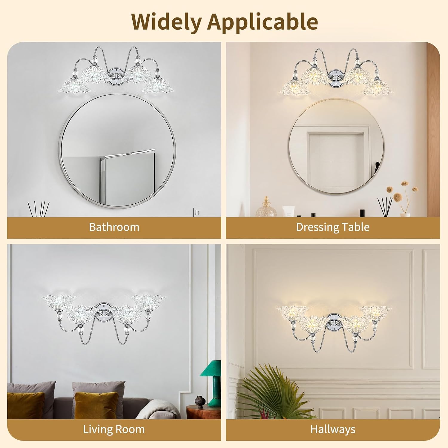 Brushed Chrome 4-Light Bathroom Vanity Light with Floral Clear Glass Shades, Modern Wall Mount Lighting for Bathroom, Dressing Table