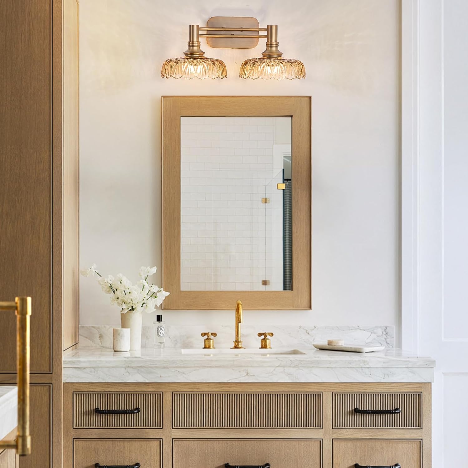 Vintage Bathroom Vanity Light Fixtures, 2-Light Brass Vanity Wall Light Over Mirror with Amber Glass Shade for Hallway Bedroom Living Room