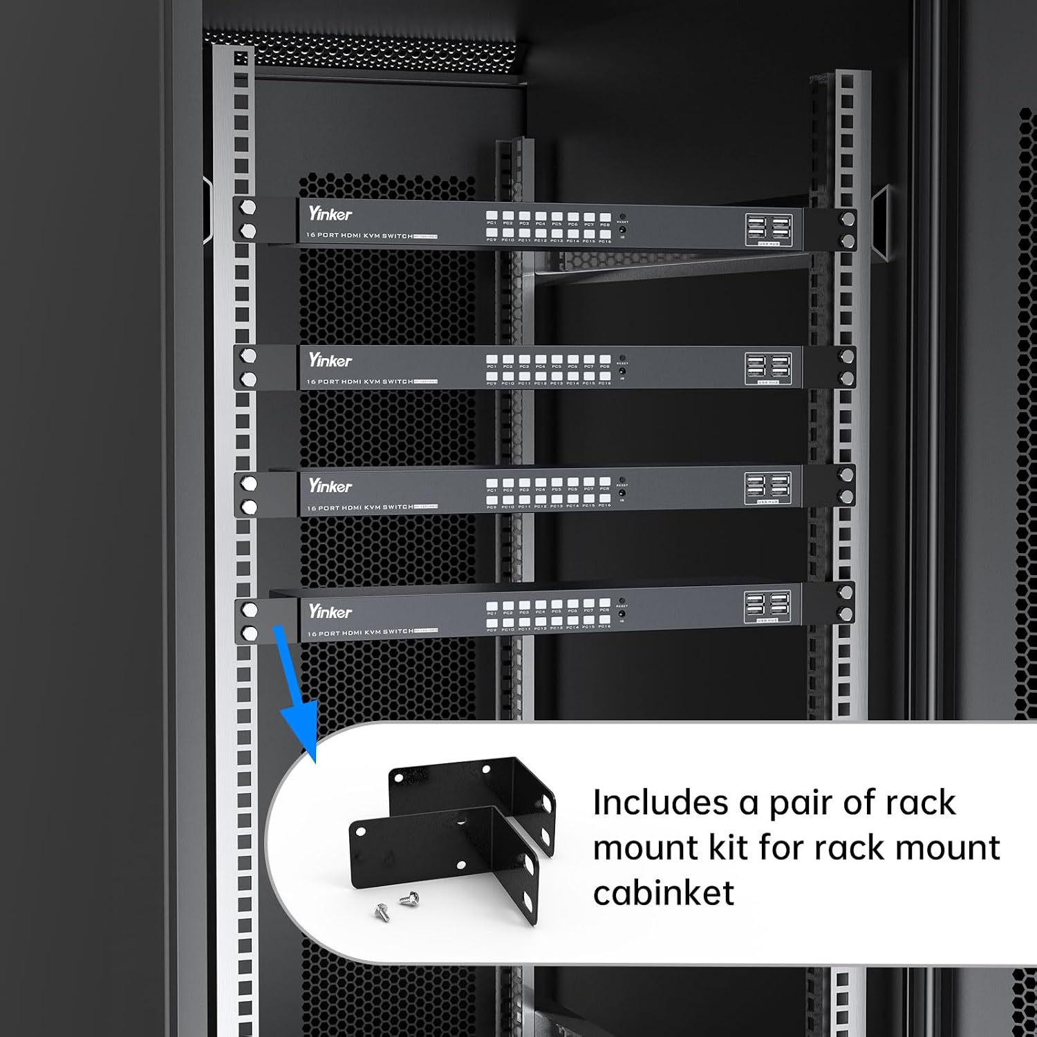 16 Port KVM Switch HDMI, 4K@30Hz HDMI Rack Mount KVM Switch w/ 16 Pcs KVM Cables, Support 4 USB 2.0 Devices & HDCP 2.2 & Remote Control for 16 Computers/Servers