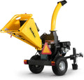 MechMaxx 5'' Inch E-Start 420cc 15hp Gas Powered Wood Chipper Shredder Mulcher with Tail Light, Towbar, Emergency Stop Button, Stop Bar, Model P4205 (Yellow)