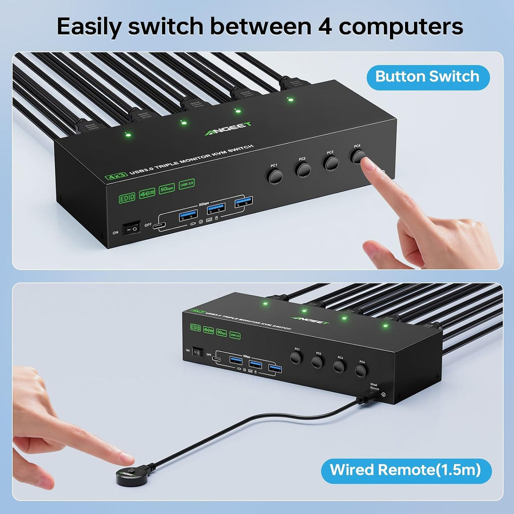KVM Switch 3 Monitors 4 Computers 4K@60Hz,EDID Simulation,USB 3.0 HDMI Displayport KVM Switch Triple Monitor for 4 PC Share 3 Monitors and Keyboard Mouse Printer,with Wired Remote and 4 USB Cables