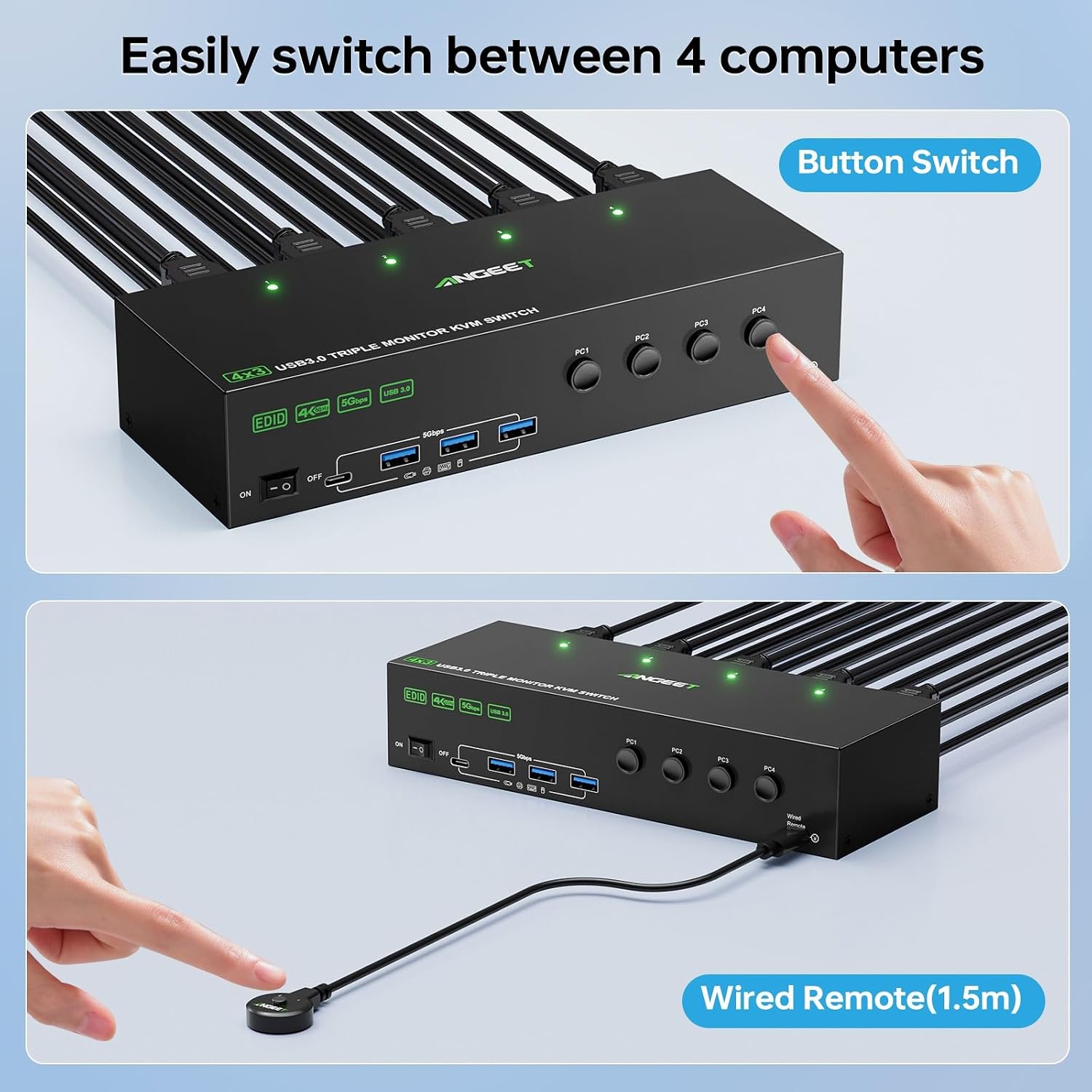 KVM Switch 3 Monitors 4 Computers 4K@60Hz,EDID Simulation,USB 3.0 HDMI Displayport KVM Switch Triple Monitor for 4 PC Share 3 Monitors and Keyboard Mouse Printer,with Wired Remote and 4 USB Cables