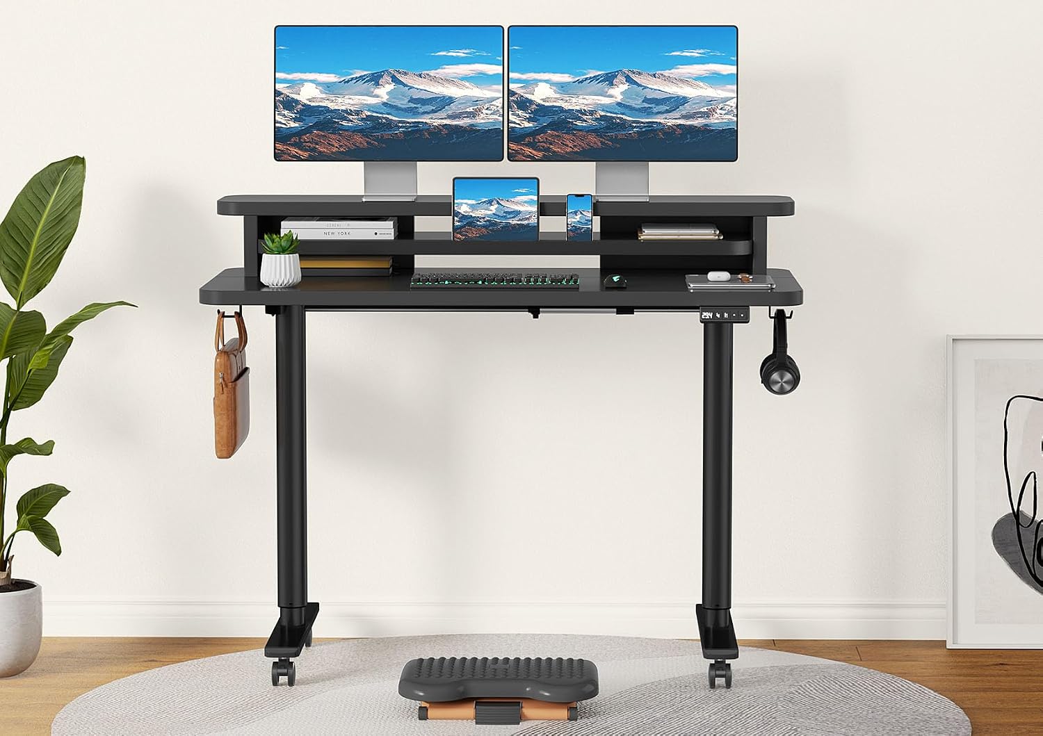 Flycity Electric Standing Desk with Dual Monitor Stand, Height Adjustable Desk Sit Stand Desk with Memory Controller, Casters & 2 Hooks, Low Noise Home Office Desk (Black, 48' x 24')