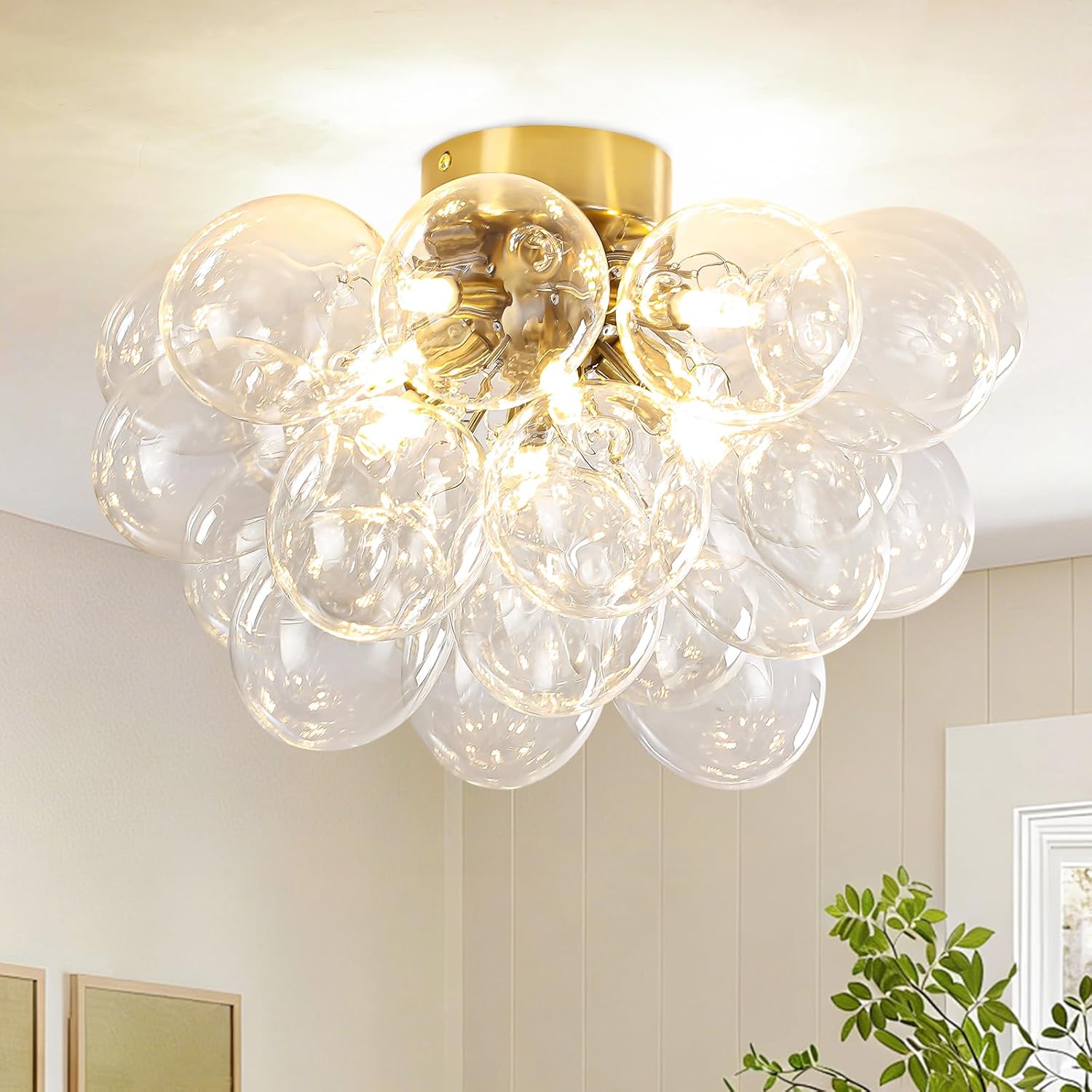 8-Light Flush Mount Ceiling Light, 16' Glass Bubble Ball Chandelier with 21 Clear Balls, Modern Globe Dining Room Light Fixture for Bedroom, Living Room, Hallway, Entry, Bathroom