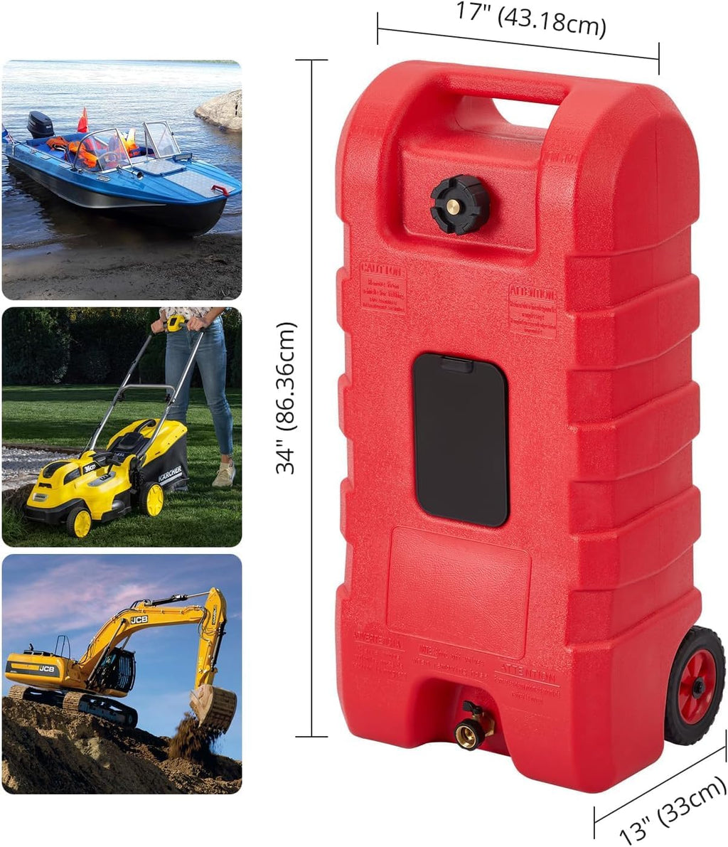 Fuel Caddy 14 Gallon, Portable Gasoline Tank Container With Manual Fuel Transfer Pump & 10ft Long Hose, Gasoline Diesel Fuel Storage Tank On-Wheels, Portable Gas Tank for Cars, Lawn Mowers, Boats, Red