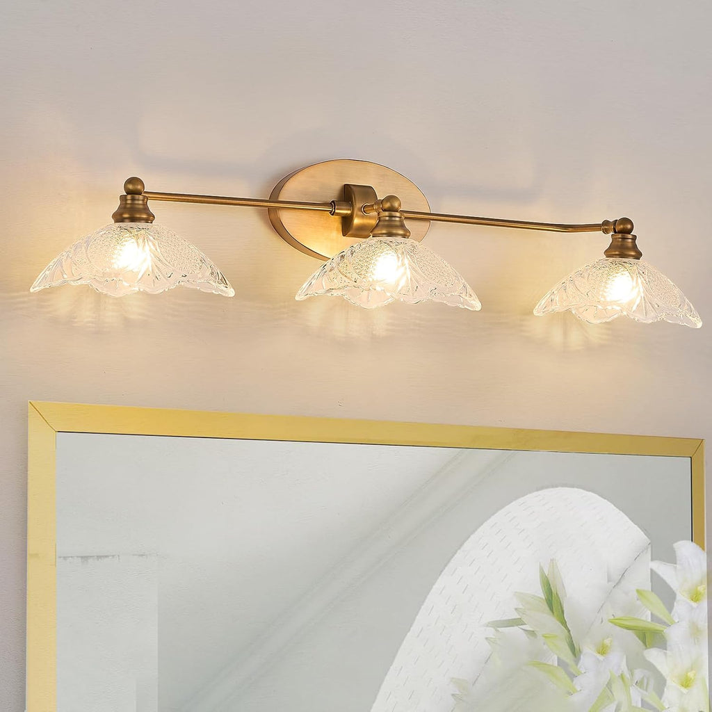 Vintage Bathroom Vanity Light Fixture, 3 Light Bathroom Vanity Light Length 33.85 inches Antique Brass with Crystal Glass Shade Antique Brass Vanity (E12 Bulb, Bulb not Included)
