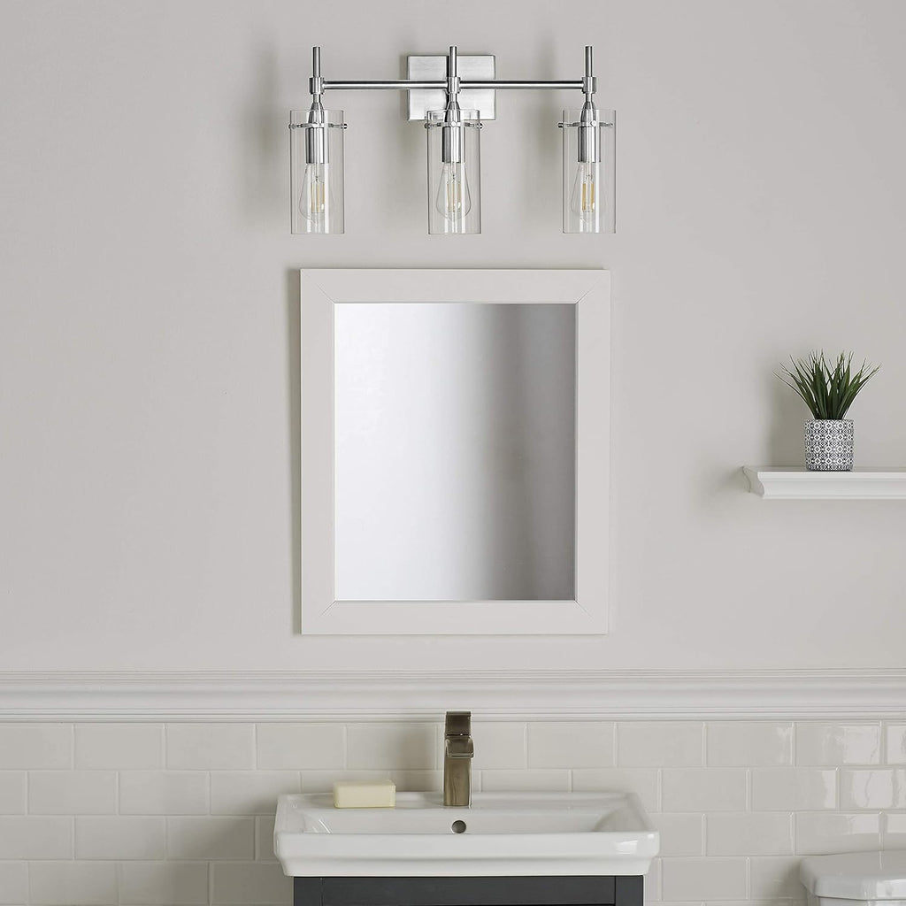 Linea di Liara Effimero Modern Farmhouse Bathroom Vanity Lights Fixtures 3 Lights Over Mirror Chrome Vanity Lights for Bathroom Light Fixtures Industrial Lighting Clear Glass Covers, UL Listed
