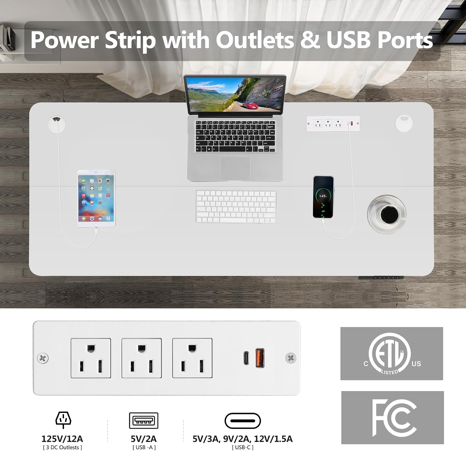 Electric Standing Desk, 48x24in Adjustable Height Computer Desk with Wheels, Sit-Stand Desk with Charging Station, 2 USB Ports, 3 Power Outlets, Spacious Workstation for Home Office(White)