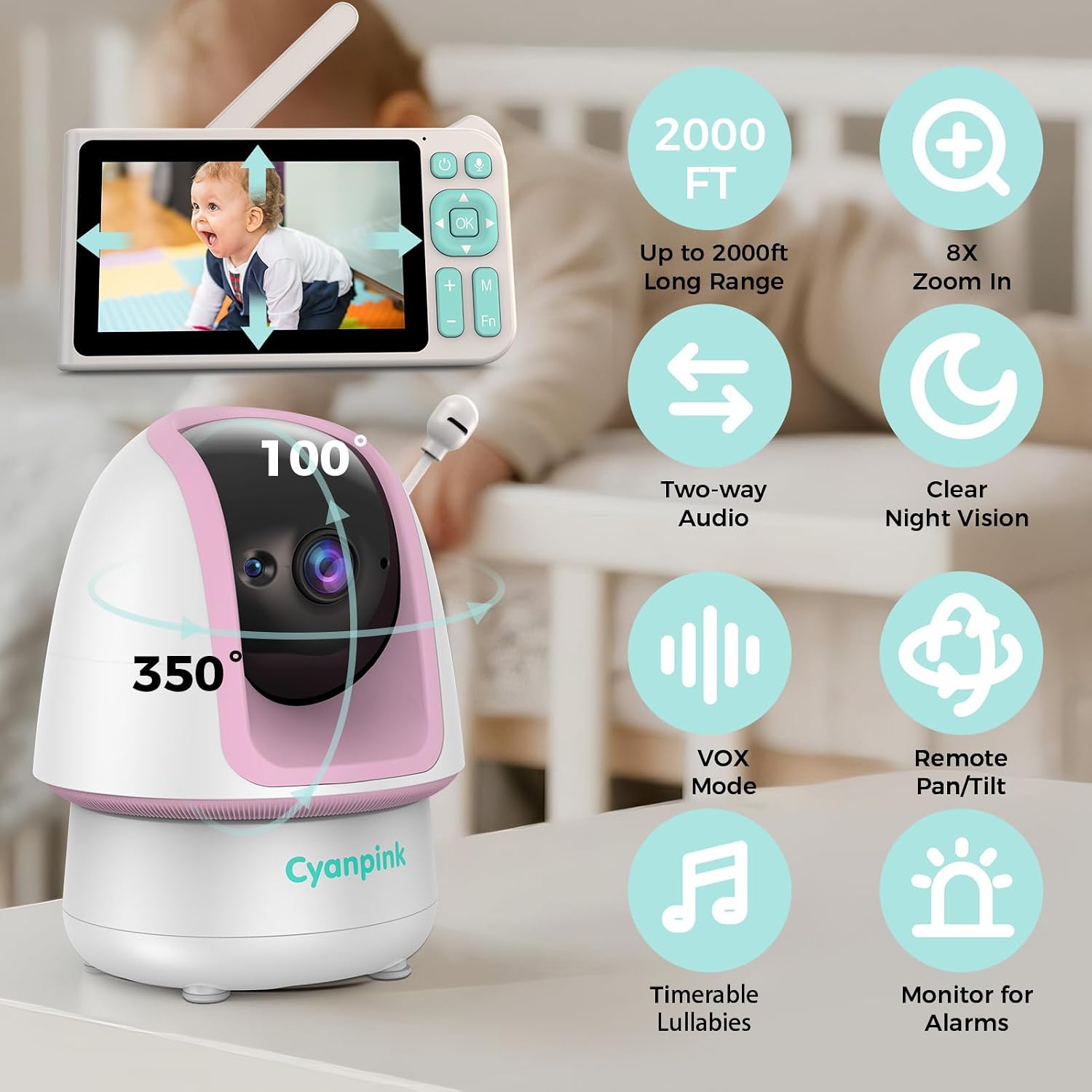 Video Baby Monitor with 2 Cameras, 2000ft Range, 1080p HD, 5' Screen, No WiFi, Dual View, 5000mAh Battery, Super Clear Night Vision, Pan-Tilt-Zoom, 2-Way Audio, AI Cry & Motion Detection