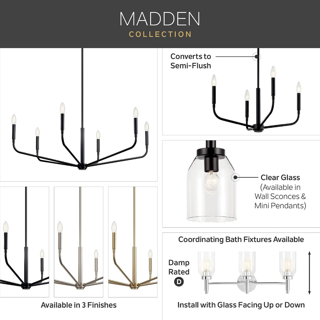 Kichler Madden 4-Light Bathroom Vanity Light Fixture with Clear Glass in Chrome, Modern Wall Mount Lighting for Single or Double Vanity Over Mirror (10.5' x 34'), 55186CH