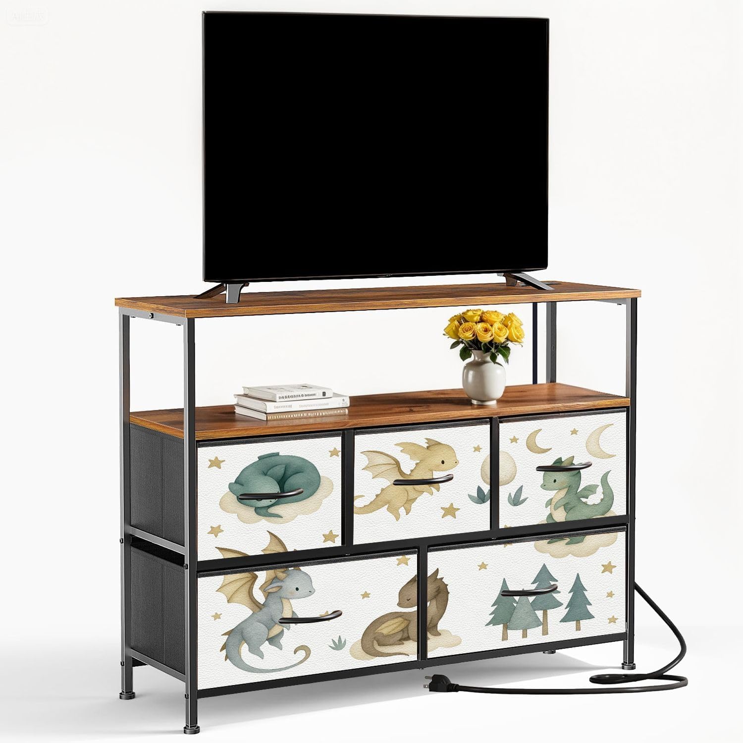 TV Stand with 5 Fabric Drawers Dragon Baby Animals Watercolor Dresser for Bedroom Wide Chest of Drawers Storage Organizer Unit with Open Shelves Power Outlet