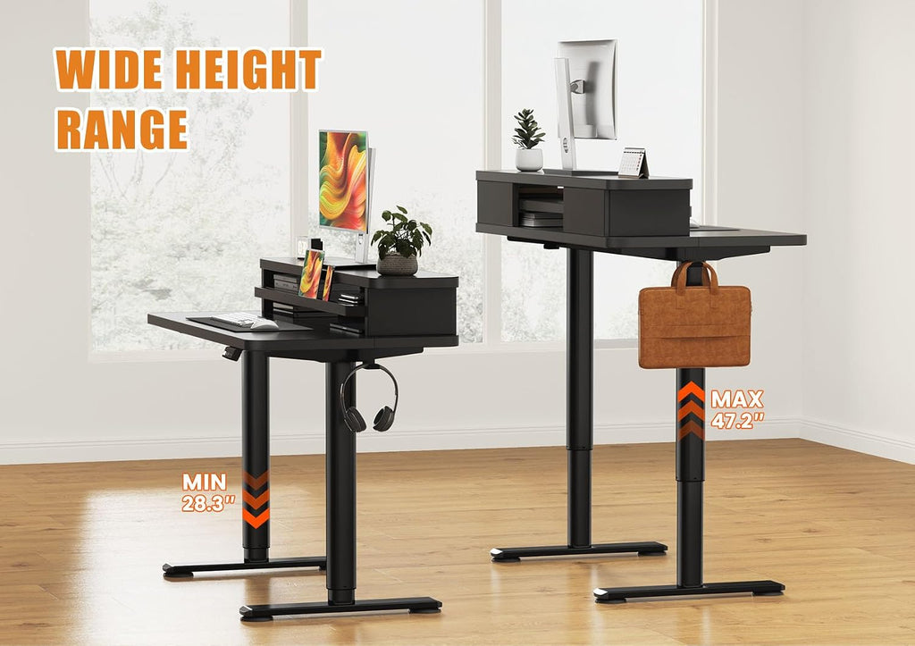 Flycity Electric Standing Desk with Dual Monitor Stand, Height Adjustable Desk Sit Stand Desk with Memory Controller, Casters & 2 Hooks, Low Noise Home Office Desk (Black, 48' x 24')