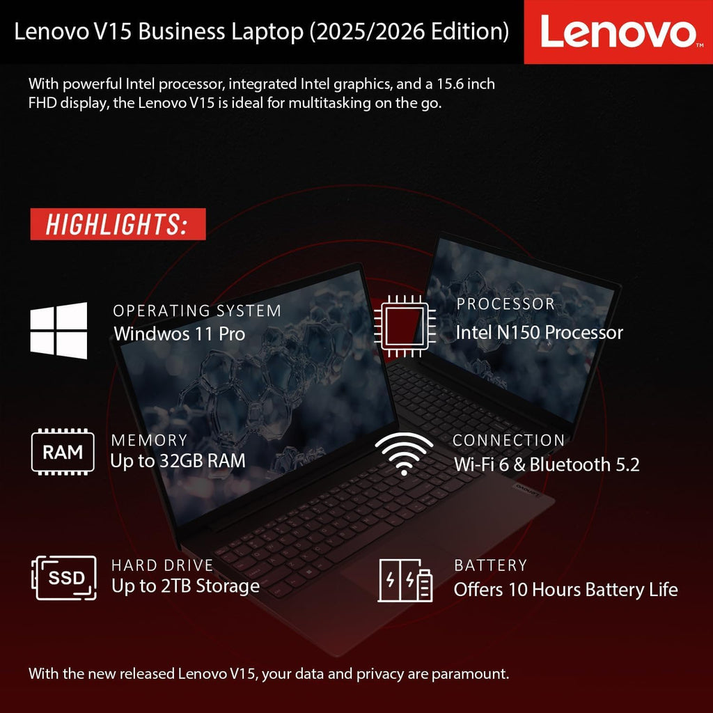 Lenovo New Business Laptop 2026 Edition with MS 365 for Web, Intel Powerful Processor, 16GB DDR5, 512GB PCIE, 15.6' FHD Anti-Glare Display, Fast Charging Speed, 14.5-Hour Battery Life, Windows 11 Pro