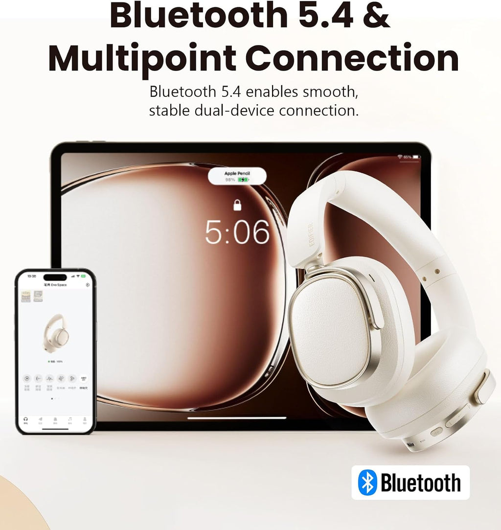Edifier Active Noise Cancelling Headphones, Over Ear Bluetooth Headset, 92H Playtime Wired & Wireless Hi-Res Audio Certified, Fast Charging Clear Calls Travel - Ivory (Renewed)
