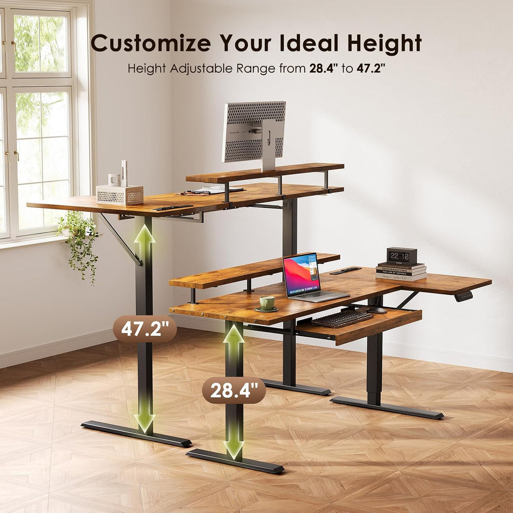 OffiGo 55 Inch L Shaped Electric Standing Desk with Keyboard Tray, Reversible Height Adjustable Corner Computer Desk with Monitor Stand, Sit Stand Up Lift Table for Home, Office, Rustic Brown