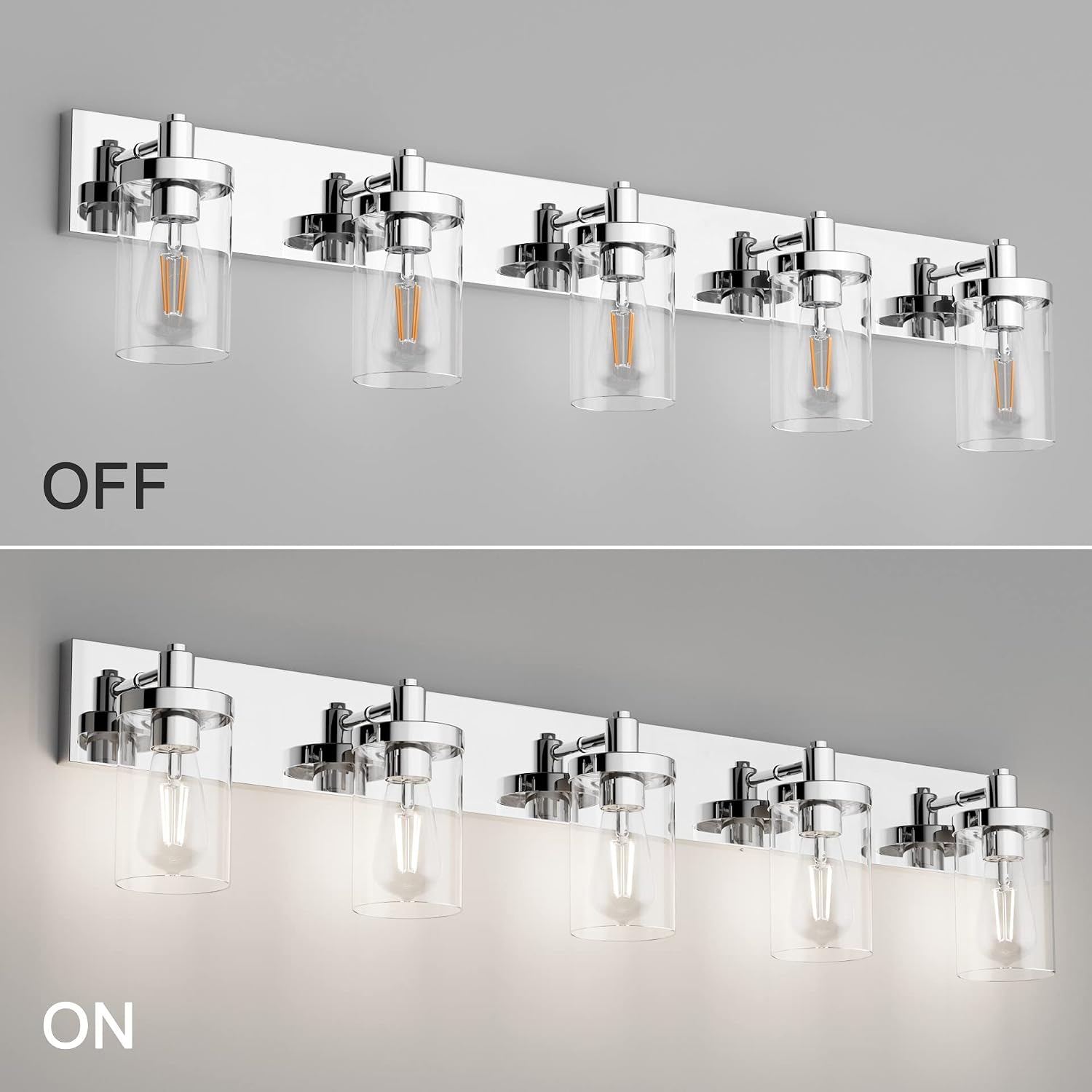 Aipsun Chrome Bathroom Light Fixtures 5 Light Bathroom Vanity Light Stainless Steel with Clear Glass Shade(Exclude Bulb)