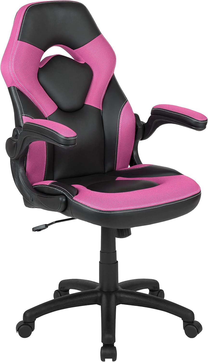 Flash Furniture Black Gaming Desk and Pink/Black Racing Chair Set with Cup Holder, Headphone Hook, and Monitor/Smartphone Stand
