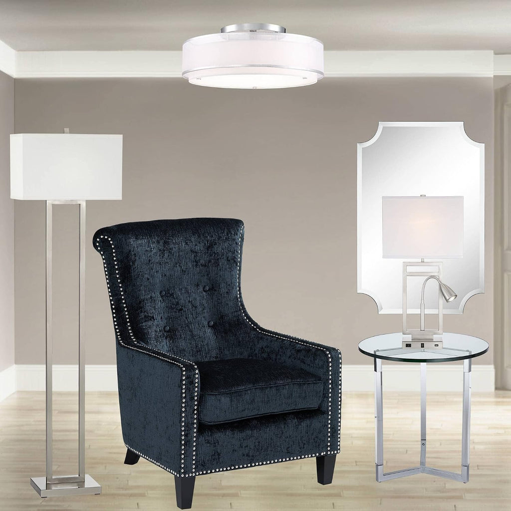 Possini Euro Design Double Organza Modern Ceiling Light Flush-Mount Fixture 20' Wide Chrome 3-Light Sheer Off White Drum Shades for Bedroom Kitchen Living Room Hallway Dining Bathroom Schoolhouse