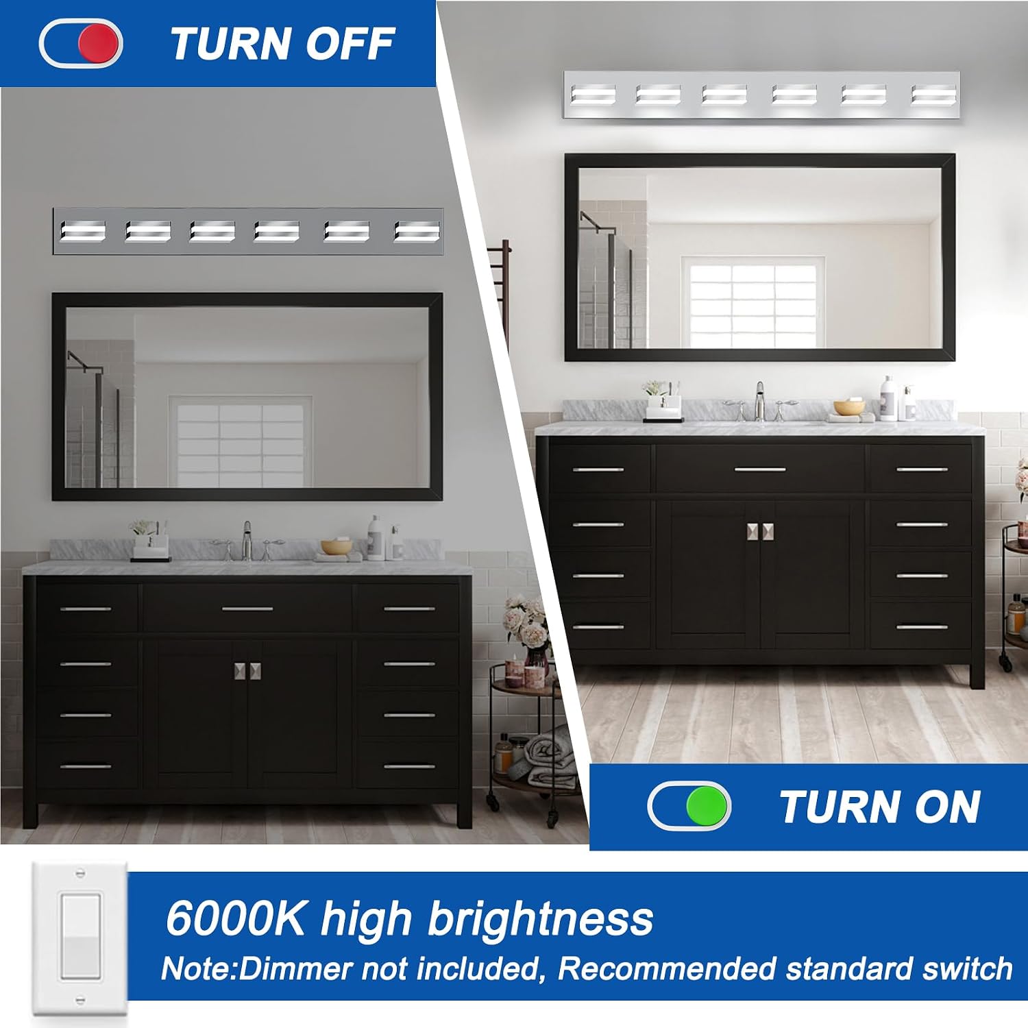 IZORRO LED Modern Bathroom Lights Fixtures(6-Light,Dimmable,360°Rotate),Chrome Acrylic Wall Lighting,Vanity Lights for Bathroom Over Mirror - 6000k 36In （No Assembly Required）