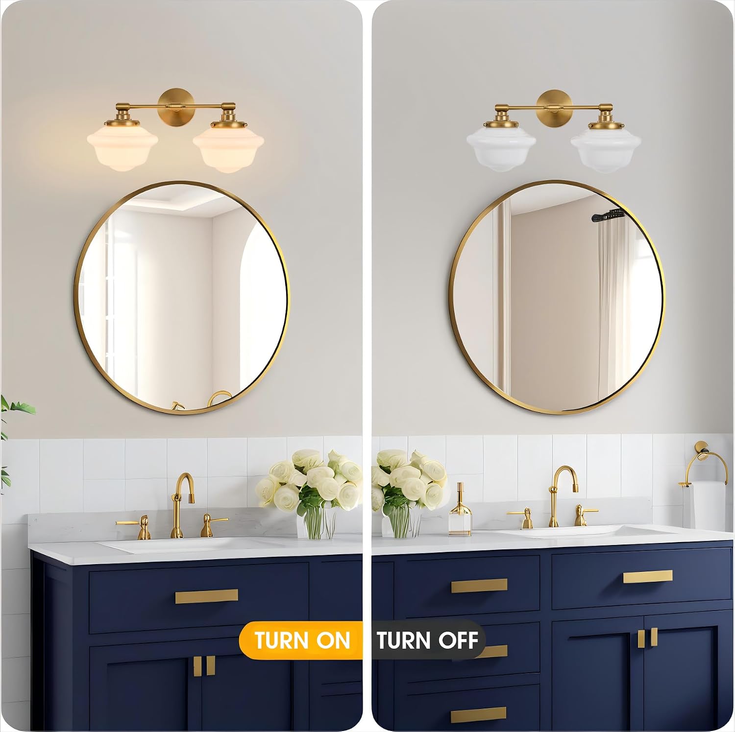 FCTWAKS 2-Light Vintage Bathroom Vanity Light, Schoolhouse Light Fixture - Brushed Gold with Milk Glass Shades, Modern Farmhouse Wall Sconce