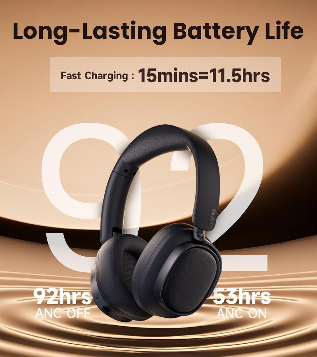 Edifier ES850NB Active Noise Cancelling Headphones, Over Ear Bluetooth Headset, 92H Playtime Wired & Wireless Hi-Res Audio Certified, Fast Charging Clear Calls Travel (Black) (Renewed)