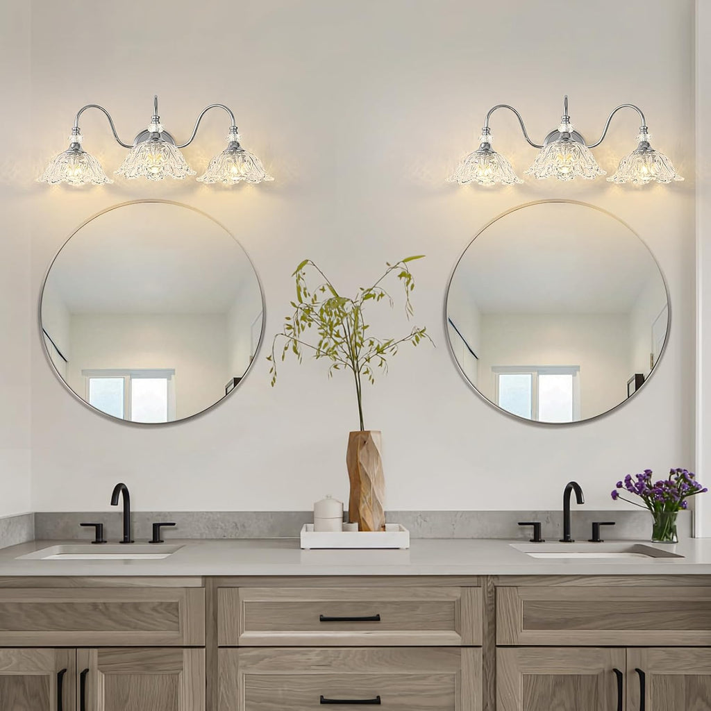 Brushed Chrome 3-Light Bathroom Vanity Light with Floral Clear Glass Shades, Modern Wall Mount Lighting for Bathroom, Dressing Table