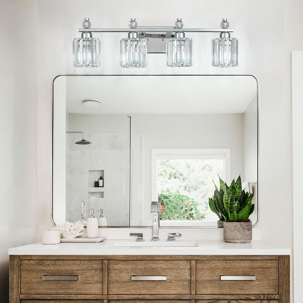Bathroom Vanity Lights 4-Light Chrome Modern Crystal Vanity Light Fixtures Over Mirror Crystal Bathroom Vanity Lighting Fixtures