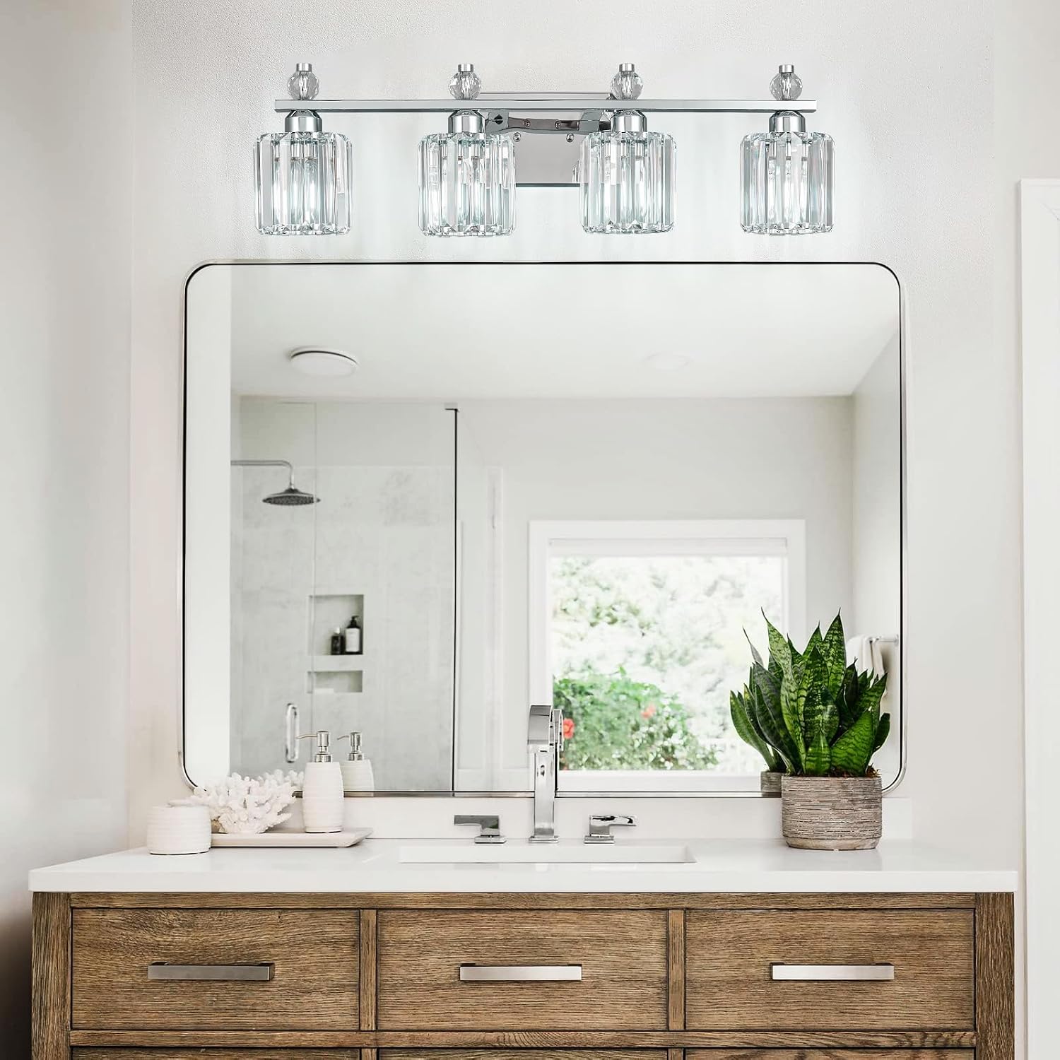 Bathroom Vanity Lights 4-Light Chrome Modern Crystal Vanity Light Fixtures Over Mirror Crystal Bathroom Vanity Lighting Fixtures