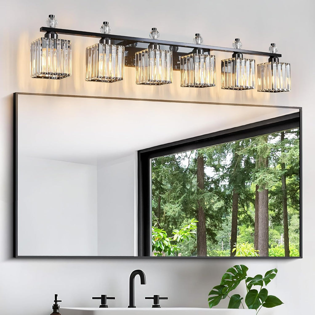 Vanity Lights 6-Light Modern Crystal Vanity Light Plating Black Bathroom Light Fixtures Over Mirror Crystal Bathroom Vanity Lighting Fixtures