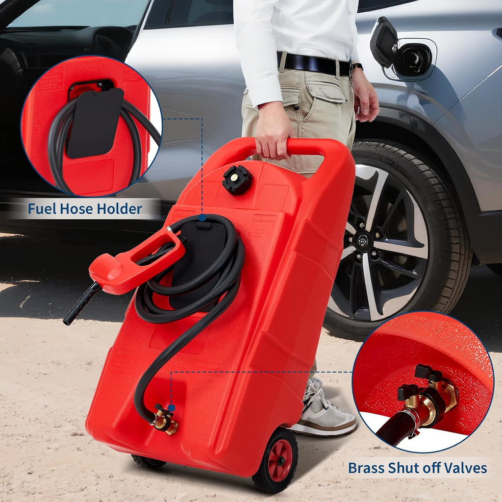 Upgraded 15 Gallon Gas Tank, Heavy-Duty Fuel Can with Manual Transfer Pump & 10FT Hose, Portable Gas Can with Casters, Leak-Proof Gas Container for Lawn Mowers, Tractor, Boat, Snow Blow