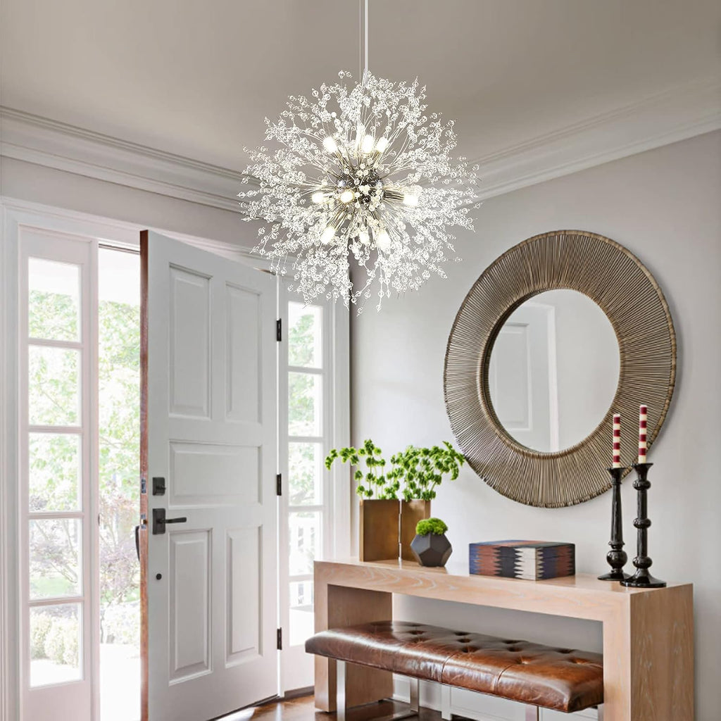 Lingkai 19.9' Chrome Modern Crystal Chandeliers Firework, Bubble Chandelier Lighting for Bathroom Dining Room Bedroom Kitchen Island Living Room Light Fixture, 9-Light Chrome Hanging Round Chandalier