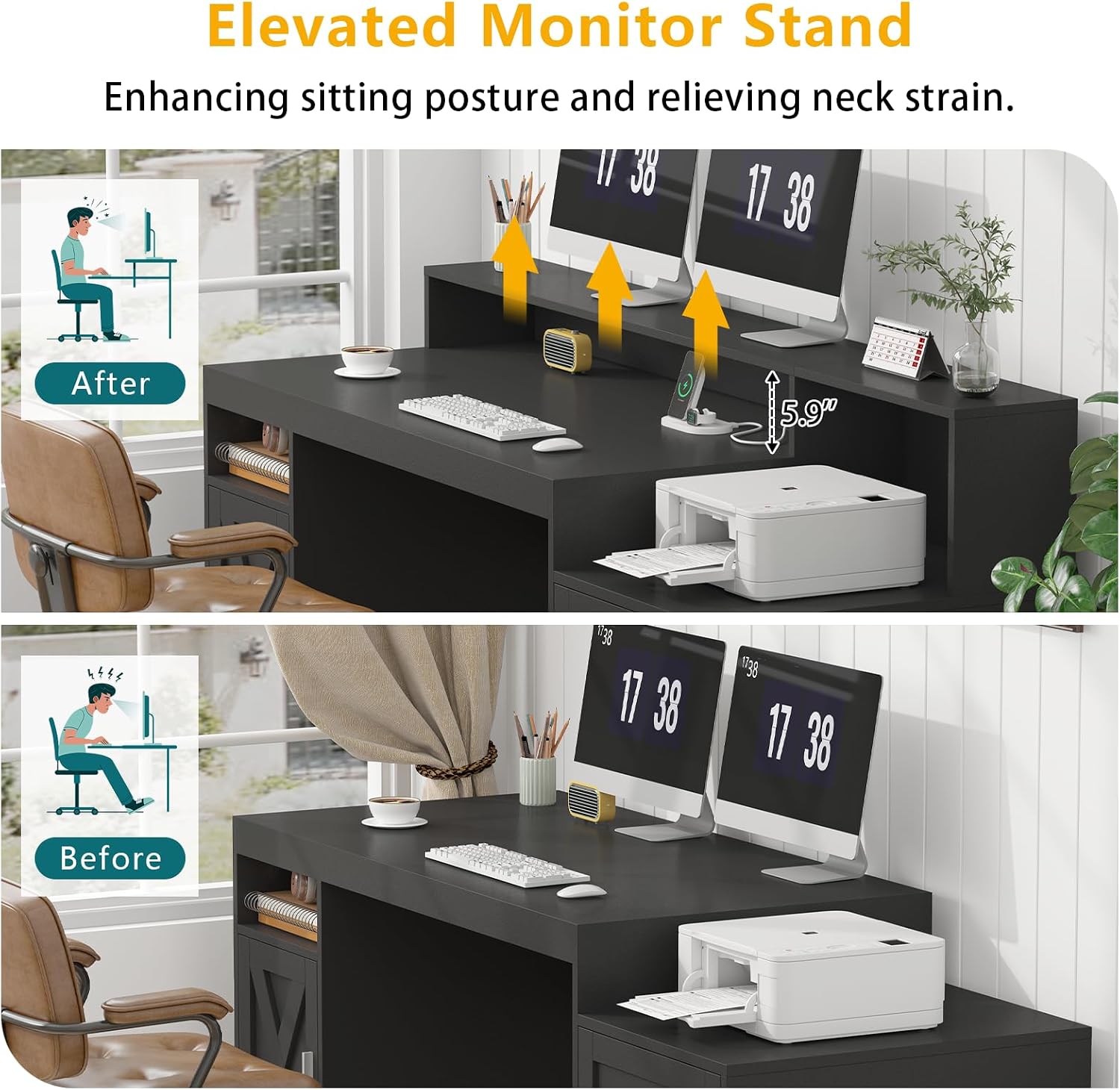 TVU Farmhouse Computer Desk with Drawers, 65'' Home Office Desk with Power Outlets, Storage Cabinet and Printer Stand, Study Writing Desks with Long Monitor Stand, Black