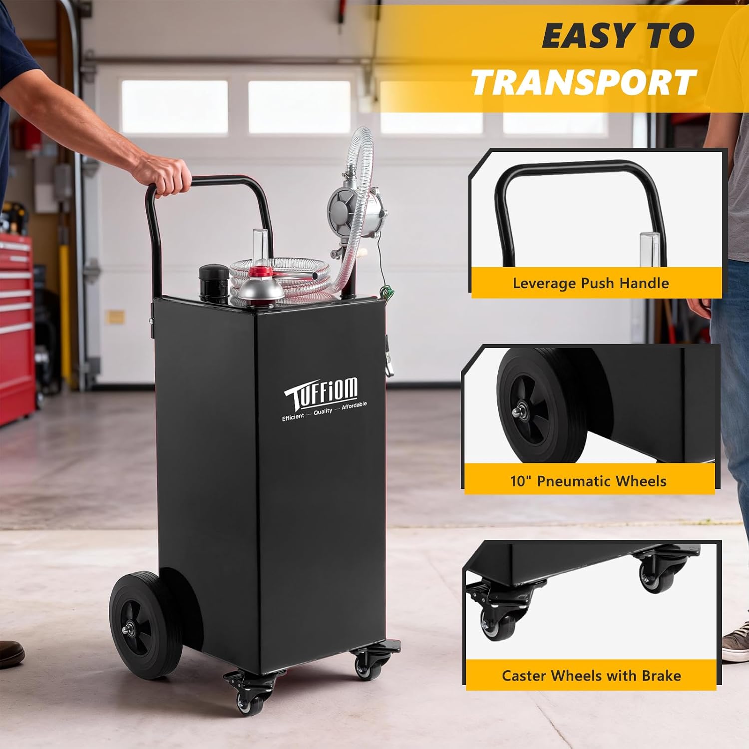 TUFFIOM 30 Gallon Portable Gas Caddy w/Swivel Wheels,Fuel Storage Tank, Gasoline Diesel Can with Fuel Transfer Rotary Hand Siphon Pump for Automobile ATV Car Mower Tractor Boat Motorcycle