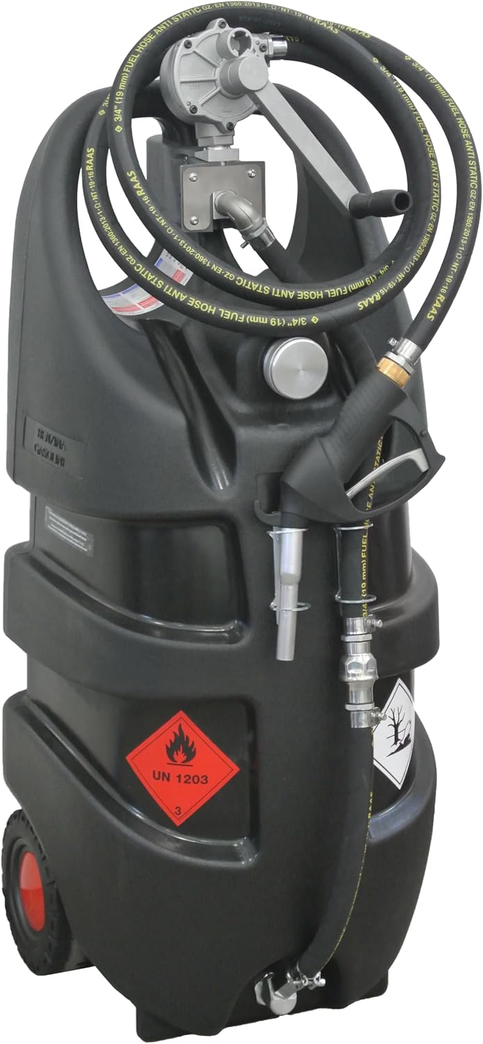 Portable Gas Cart 29gl Gas Fuel Tank Caddy with Manual Rotary Hand Pump, Fuel Storage Can On-Wheels for Cars, Lawn Mowers, ATVs, Boats, 10 ft Antistatic Hose, Manual Nozzle