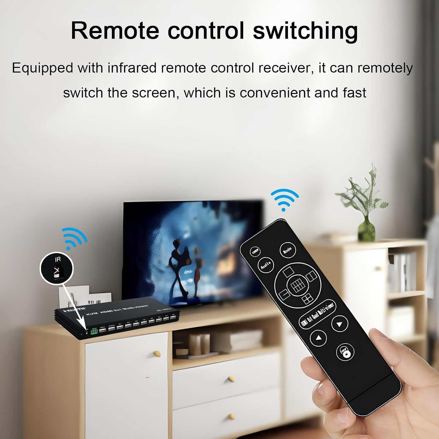 4K HDMI KVM Switcher 8 in 1 Out, 4K Multi-Viewer with IR Remote and Button Switch, HDMI Splitter with 16 Modes Displays 1 Full Screen+15 Kinds Split Screen Modes, 2 USB Port for Keyboard/Mouse