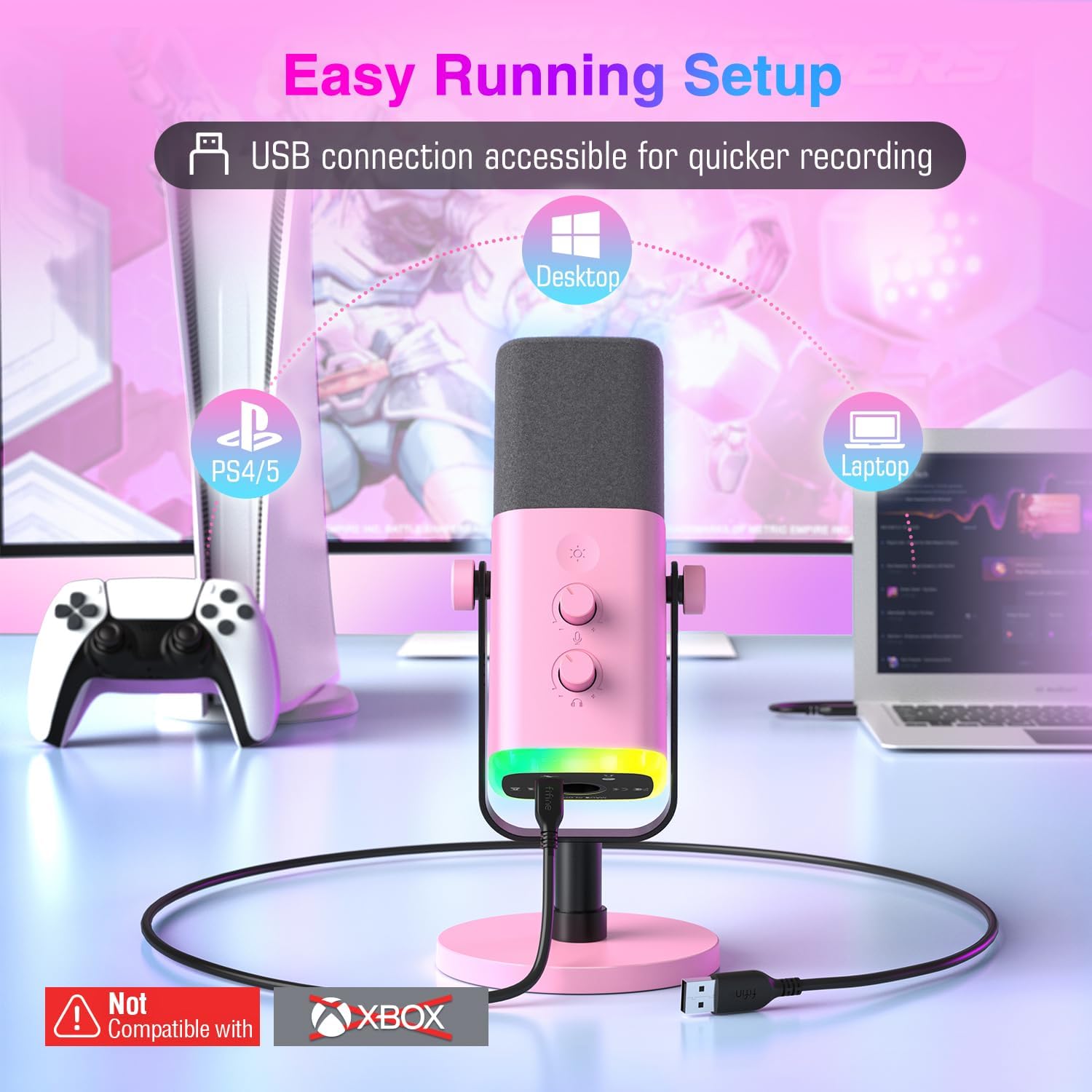 FIFINE Gaming Recording Microphone and Over-Ear Headset Bundle, Computer PC Mic and USB Gamer Headset Pack with Headphones Jack, RGB Button, Mute, Noise Canceling, 4 EQ Modes-AM8P+H13P