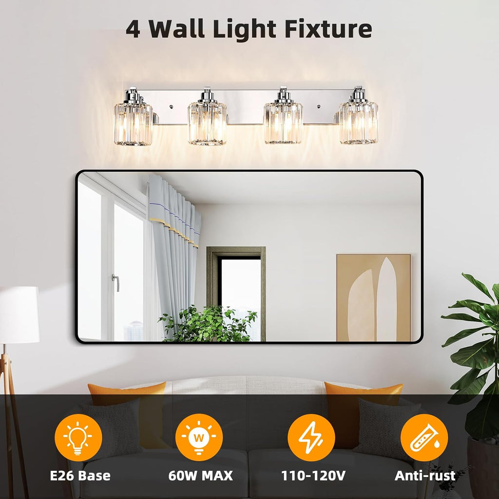 4 Lights Crystal Bathroom Vanity Light Modern Chrome Bathroom Light Fixture Bathroom Lighting Fixtures Over Mirror for Mirror E26 Base