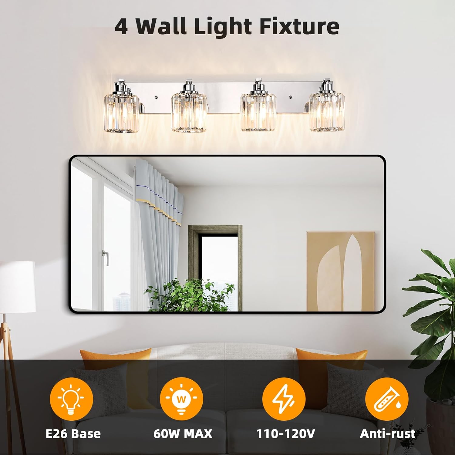 4 Lights Crystal Bathroom Vanity Light Modern Chrome Bathroom Light Fixture Bathroom Lighting Fixtures Over Mirror for Mirror E26 Base