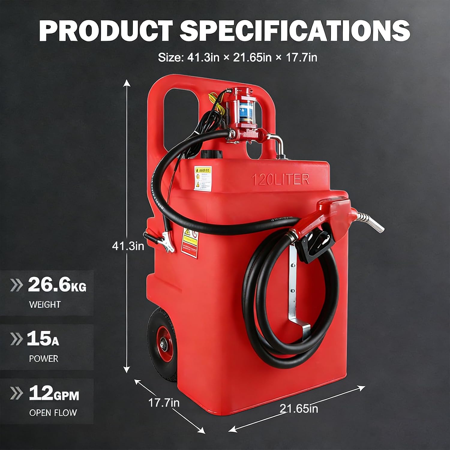 32 Gallon Fuel Caddy, Portable Gas Storage Fuel Tank with 12GPM Fuel Transfer Pump& 2 Wheels, Gasoline Diesel Container for Cars, ATVs, Boats, Lawn Mowers, Red