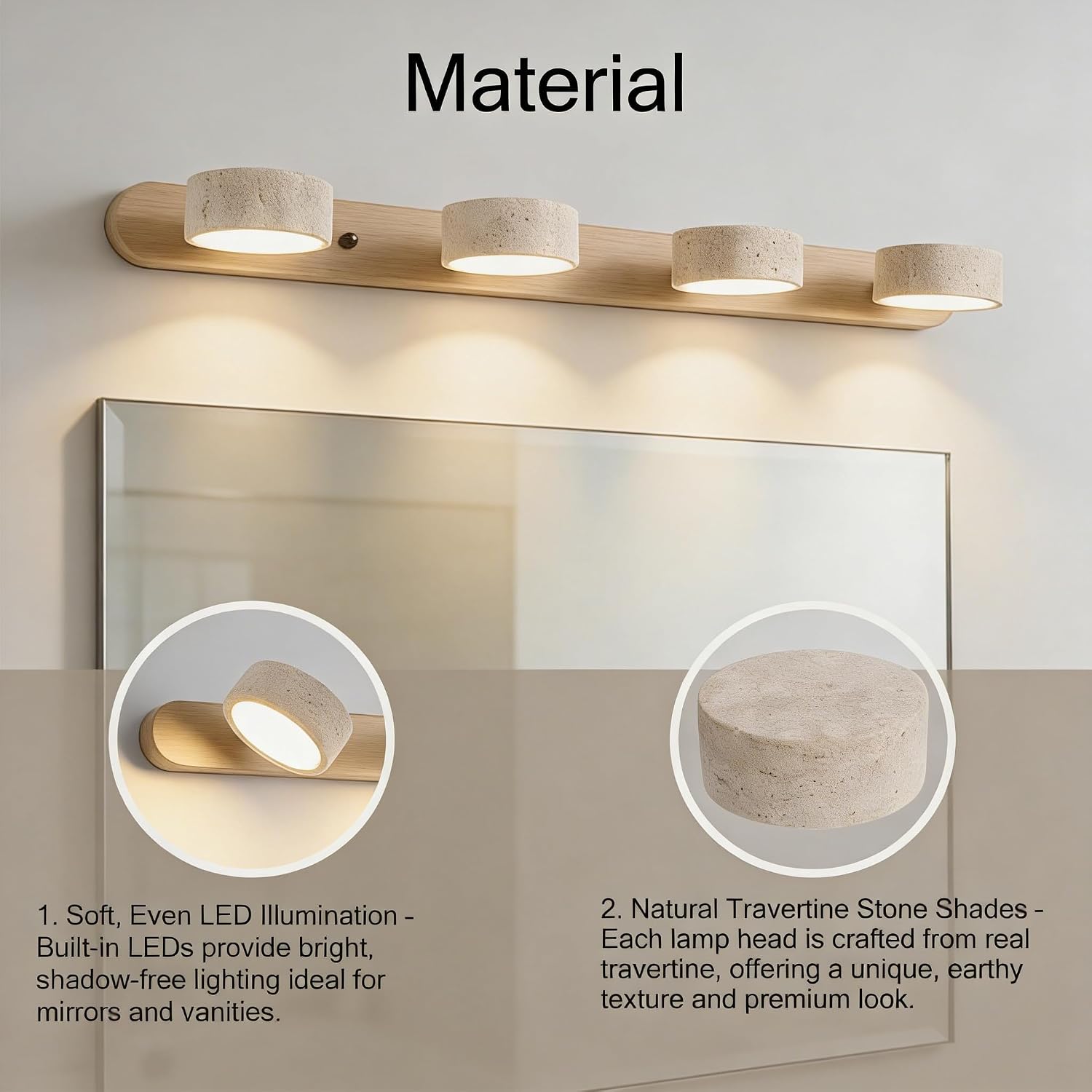 LED Bathroom Vanity Light, Travertine Stone Light Fixture, 360° Rotatable Stone Lampshades, Modern Rustic Wall Lamp for Bedroom, Living Room, Hallway (Natural Wood-4 Lights)