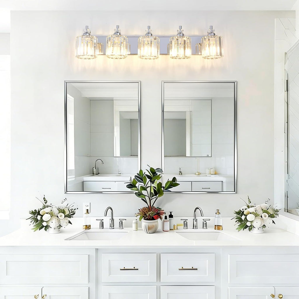5-Light Modern Bathroom Light Fixture Chrome Bathroom Vanity Lights Over Mirror Wall Sconce Lighting with K9 Crystal Shades E26 Base for Bedroom, Living Room, Hallway Wall Lamp