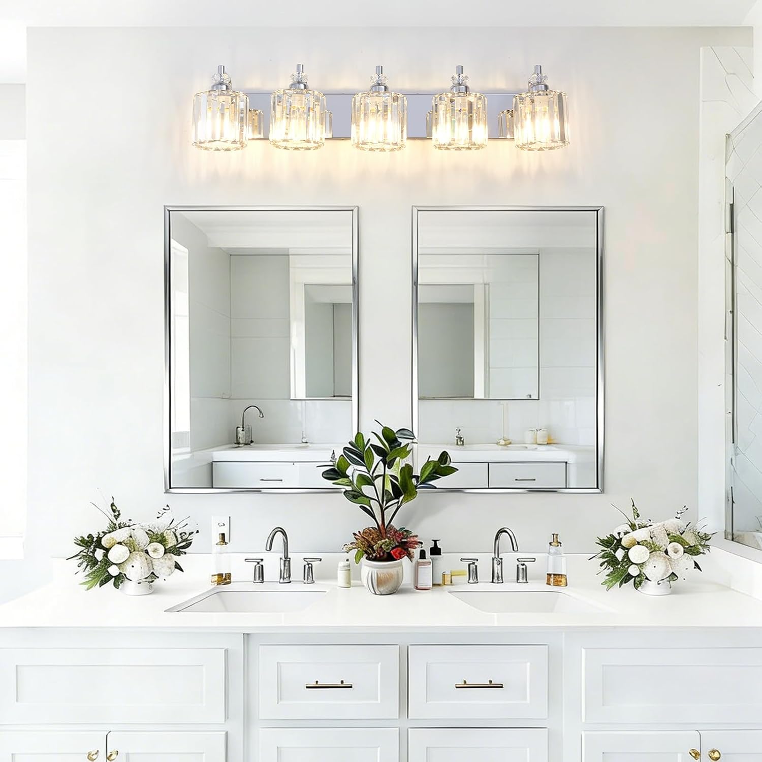 5-Light Modern Bathroom Light Fixture Chrome Bathroom Vanity Lights Over Mirror Wall Sconce Lighting with K9 Crystal Shades E26 Base for Bedroom, Living Room, Hallway Wall Lamp