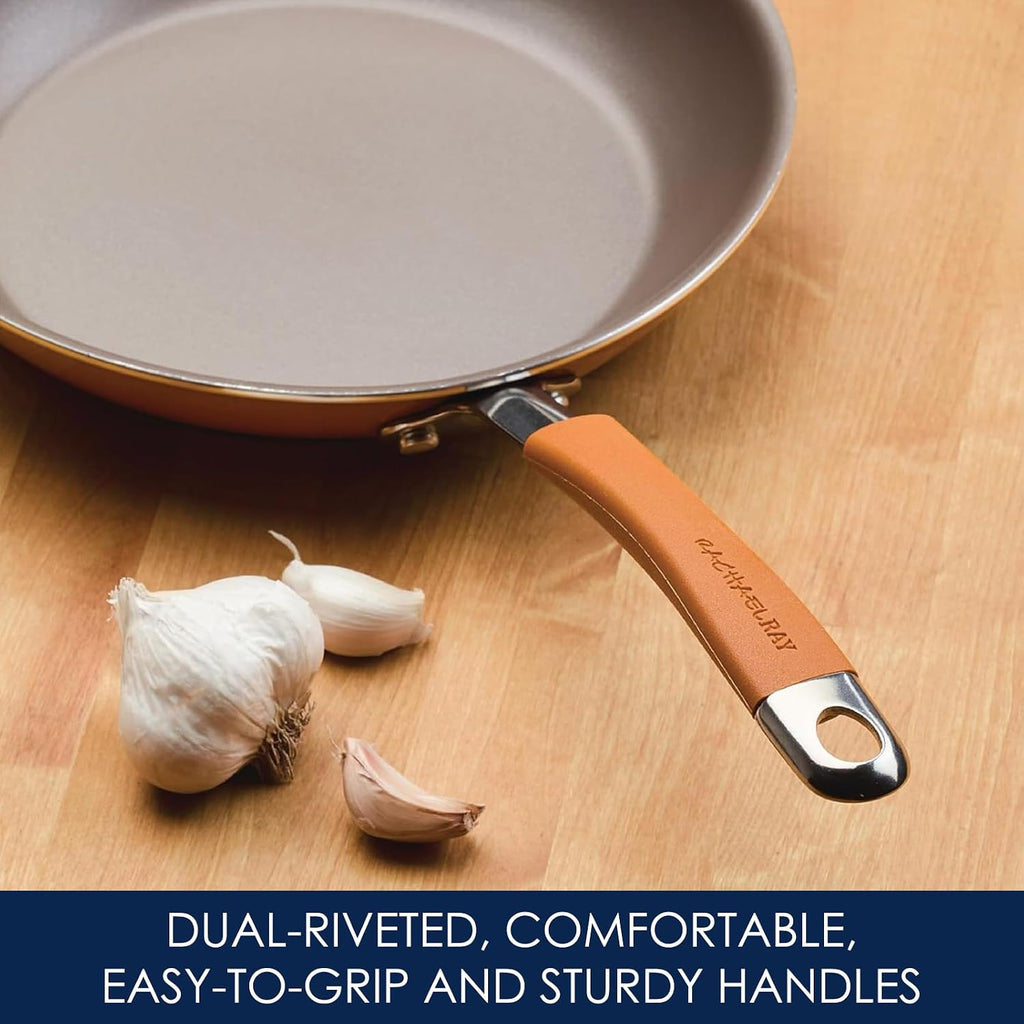 Rachael Ray Cucina Nonstick Cookware, Pumpkin Orange Pots and Pans Set, 12-Piece