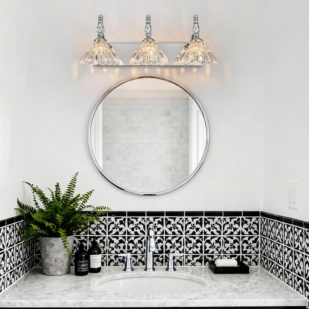 Vintage Bathroom Vanity Light, 3-Light Chrome Vanity Lighting Fixture with Flower Glass Shade, Bathroom Lighting Fixtures Over Mirror