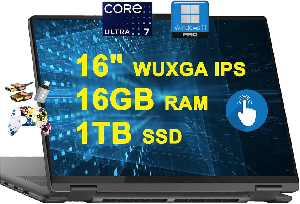 Lenovo Yoga 7 16 2-in-1 AI PC Laptop 16' WUXGA IPS Touch Glossy Intel 12-core Ultra 7 155U 16GB RAM 1TB SSD Backlit Fingerprint Thunderbolt FHD IR Privacy Camera Win11Pro + 3-in-1 Accessories