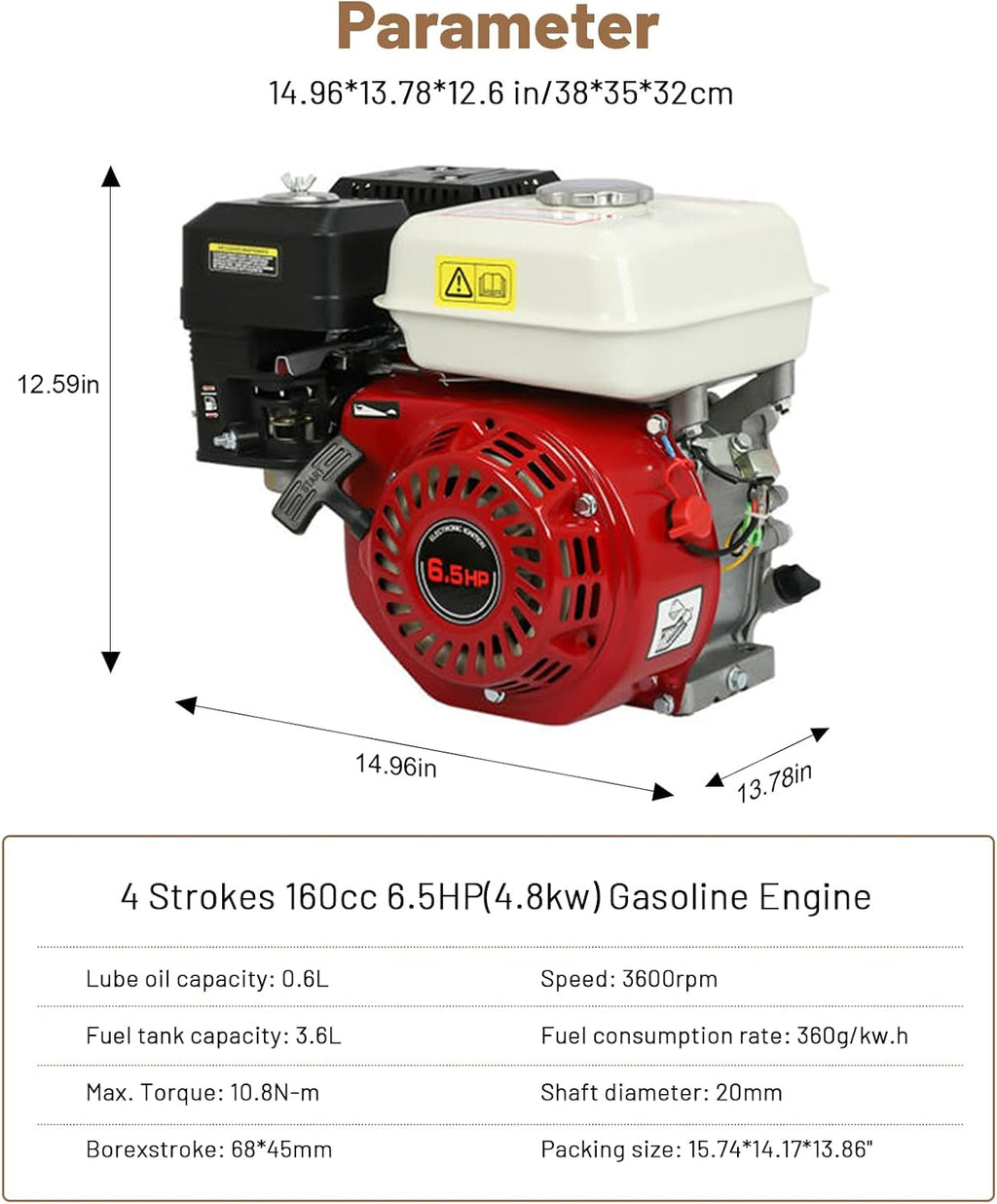 6.5HP 4 Stroke Gasoline Engine OHV Air Cooled Single Cylinder Pull Start Motor 4.8kW, 160CC Gas Engine Motor for Honda GX160 OHV Pull Start Compressor Scarifier, Lawnmower, Threshers, Smoothens